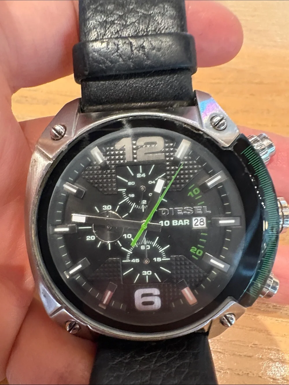 Diesel Black and Silver Men's Chronograph Watch with Green Accents